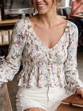 Planet Love Rayon smocked creme w blue/olive/pink/whiteFloral Print Long Sleeve